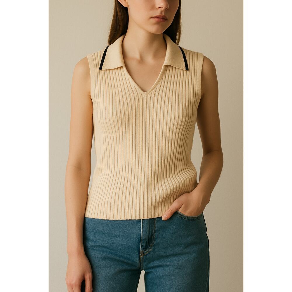 Vintage Ribbed Knit Polo Sweater Vest Beige Cream XL